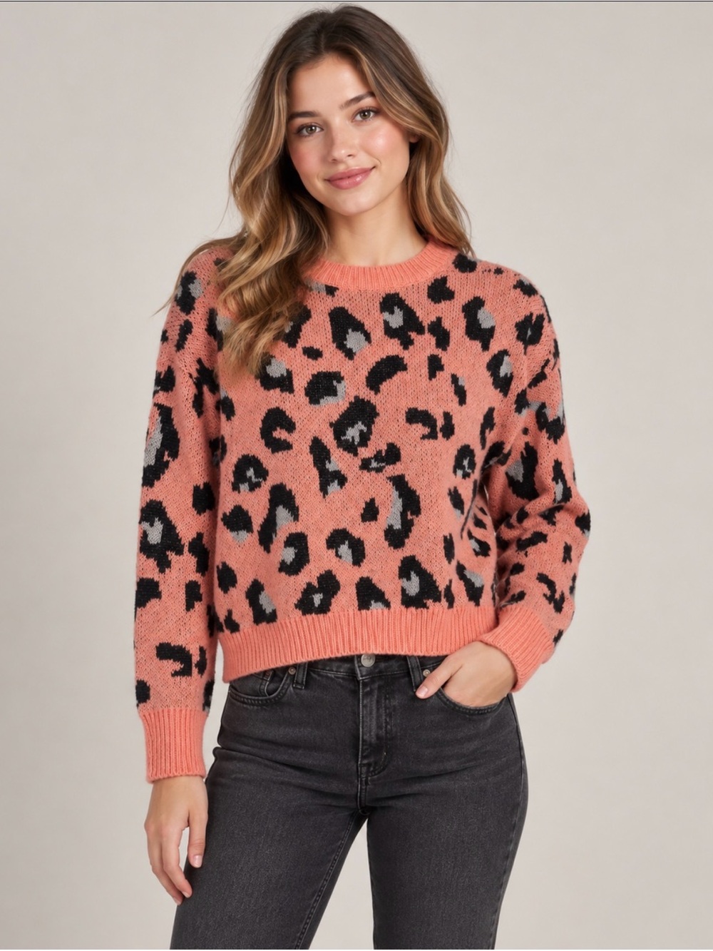 BBWM Knit Coral Pink Leopard Print Cropped Sweater Small